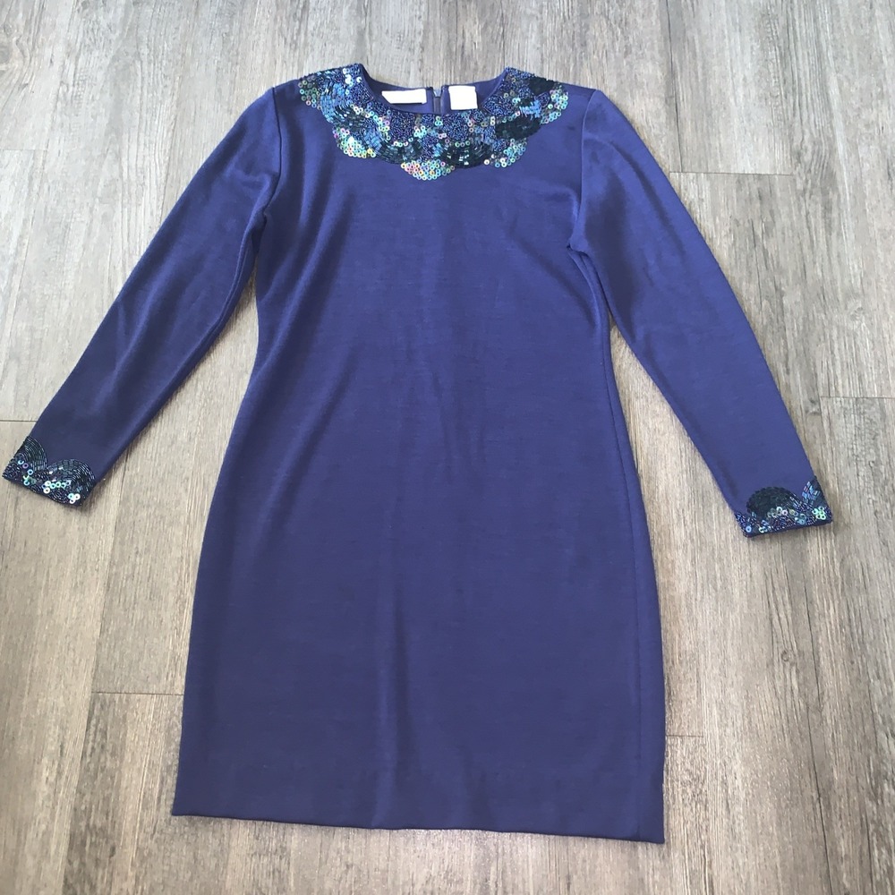 Liz Claiborne Petite Small Blue Sequin Wool Blend Knee Length Long Sleeve Dress